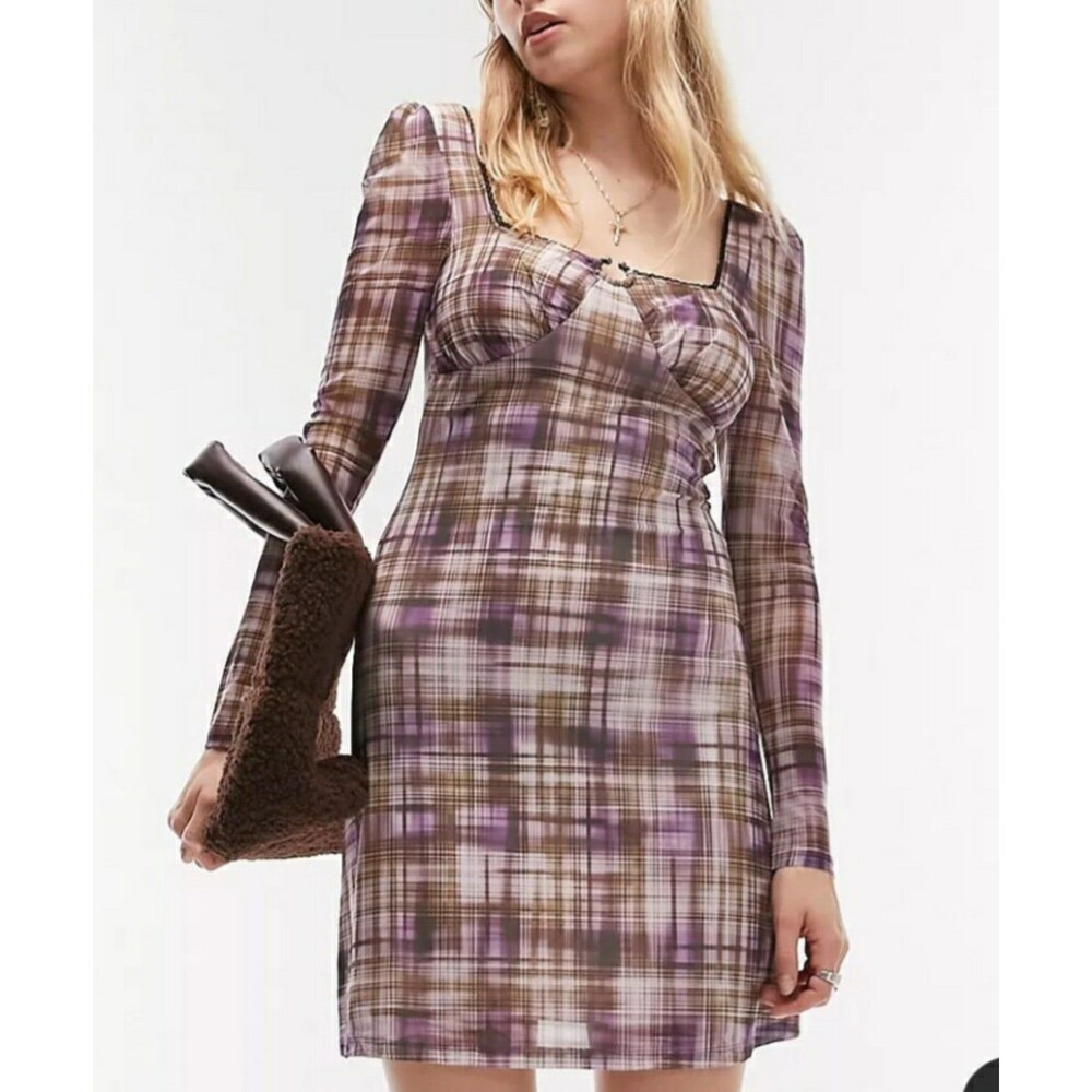 NWT Topshop check mesh mini tea dress in purple plaid NWT SZ MED